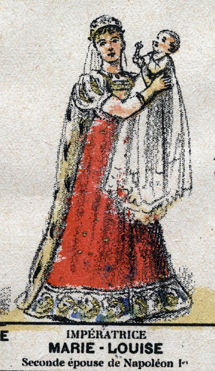 Porträtt av Marie Louise av Österrike (1791-1847), hustru till Napoleon I med sin son Napoleon II. I "" Gallery of Kings and Queens of France och illustra karaktärer från 1643 till 1895"" Epinal bild. av French School