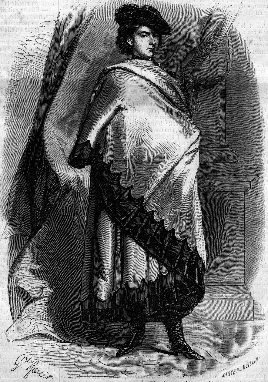 Porträtt av Marie Sophie Amelie (1841-1925), hertiginna av Baviere och drottning av de två Sicilierna, fru till Francois II, i kalabrisk kostym. Gravyr i "" Le Monde Illustré"" nr 194 av 29 december 1860. av French School