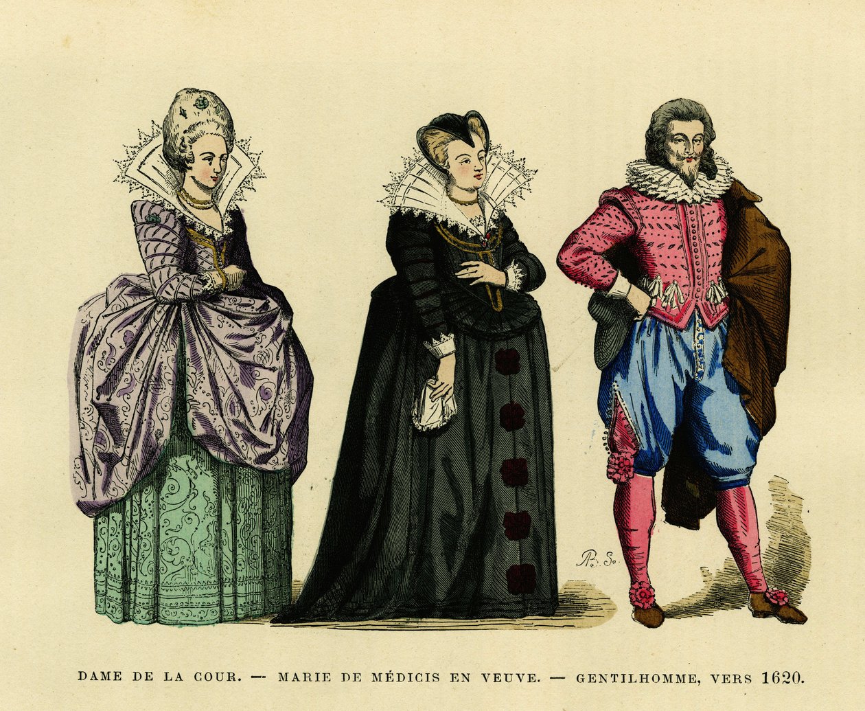 Porträtt av Marie de Medicis (1573-1642), drottning av Frankrike, i änkas vana, omgiven av en hovdam och en herre, ca 1620. Färgstick, i "France et les francais a travers les siecles"" av Augustin Challamel, F.Roy-redaktör, Paris 18 av French School