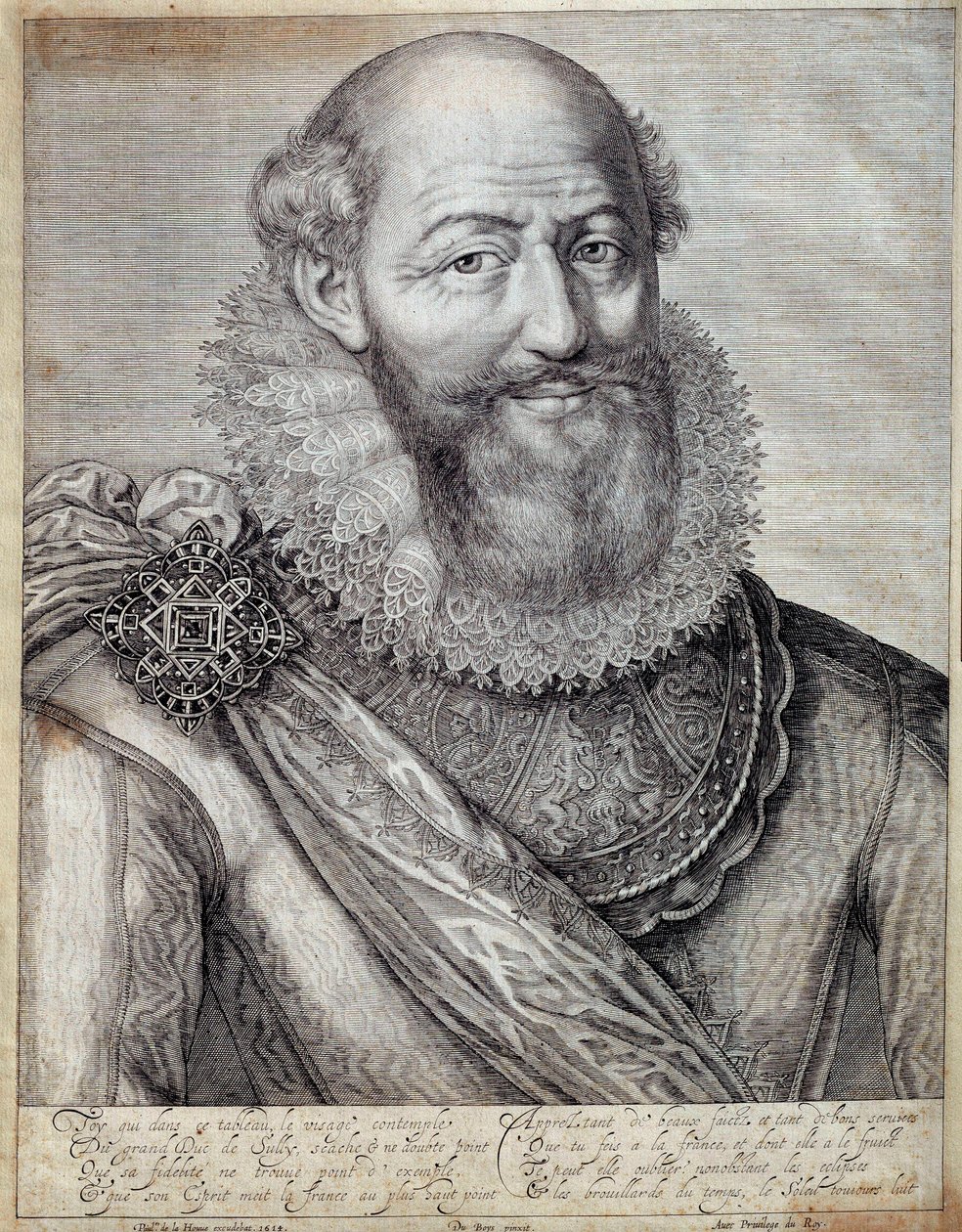 Porträtt av Maximilian av Bethune, hertig av Sully (1560-1641). Gravyr från 1600-talet. Pau, Musee Du Chateau av French School