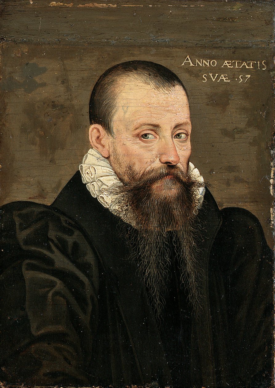Porträtt av Michel Eyquem de Montaigne (1533-1592), 57 år gammal, liten halvlängd, i svart kostym och vit krage (olja på panel) av French School