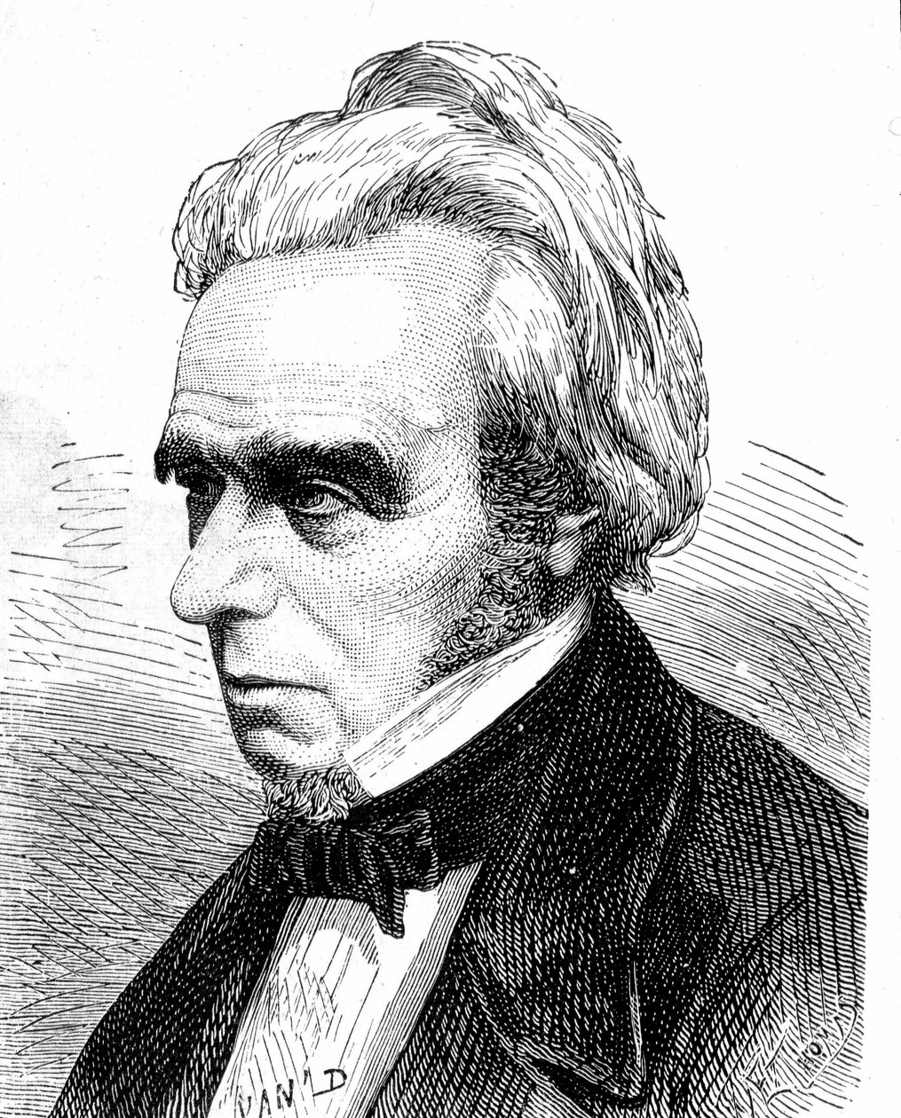 Porträtt av Michel Faraday (1791 - 1867), brittisk fysiker och kemist - i "" Album of Science; berömda vetenskapsmän; Stora upptäckter””” 1896. av French School