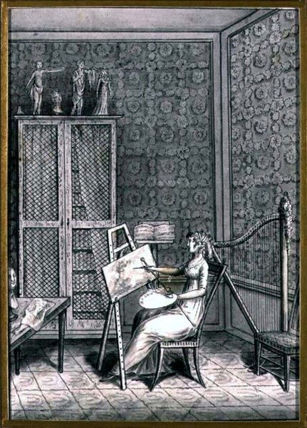 Porträtt av Mme. Marie-Anne-Marguerite Gerard (1761-1837) i sin studio, ca 1790 (penna och bläck med tvätt på papper) av French School