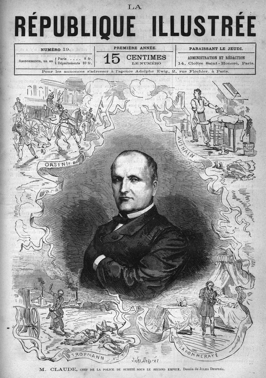 Porträtt av Monsieur Claude (Antoine Francois Claude dit) (1807-1880), fransk polis och författare, chef för säkerhetspolisen under andra imperiet. En tidning. Gravyr från 1880 i "La republique illustree"" privat samling. av French School