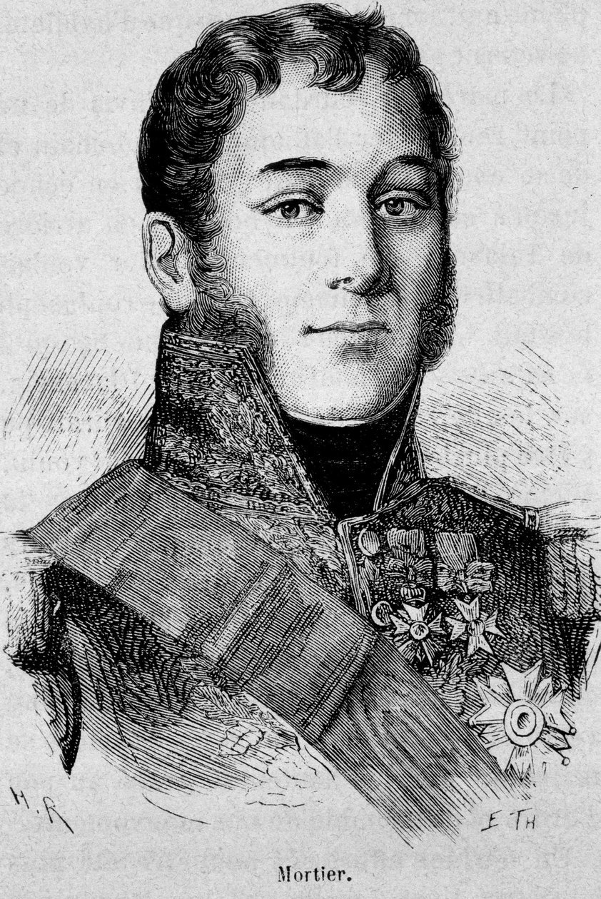 Porträtt av Mortier, hertig av Treviso (1768 - 1835), marskalk av Frankrike, dödad under attacken av Fieschi - i "The History of France" av Henri Martin av French School
