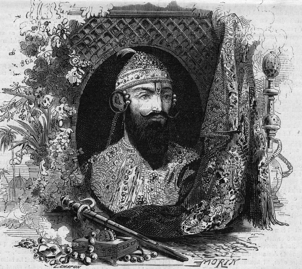 Porträtt av Nana Saheb (Nana Sahib) (med hennes riktiga namn Dhundu Pant) (ca 1820-?), chef för den antikoloniala revolten i Cipaya i Indien. Gravyr i "" Le Monde Illustré"" nr 331 av 15 augusti 1863. av French School