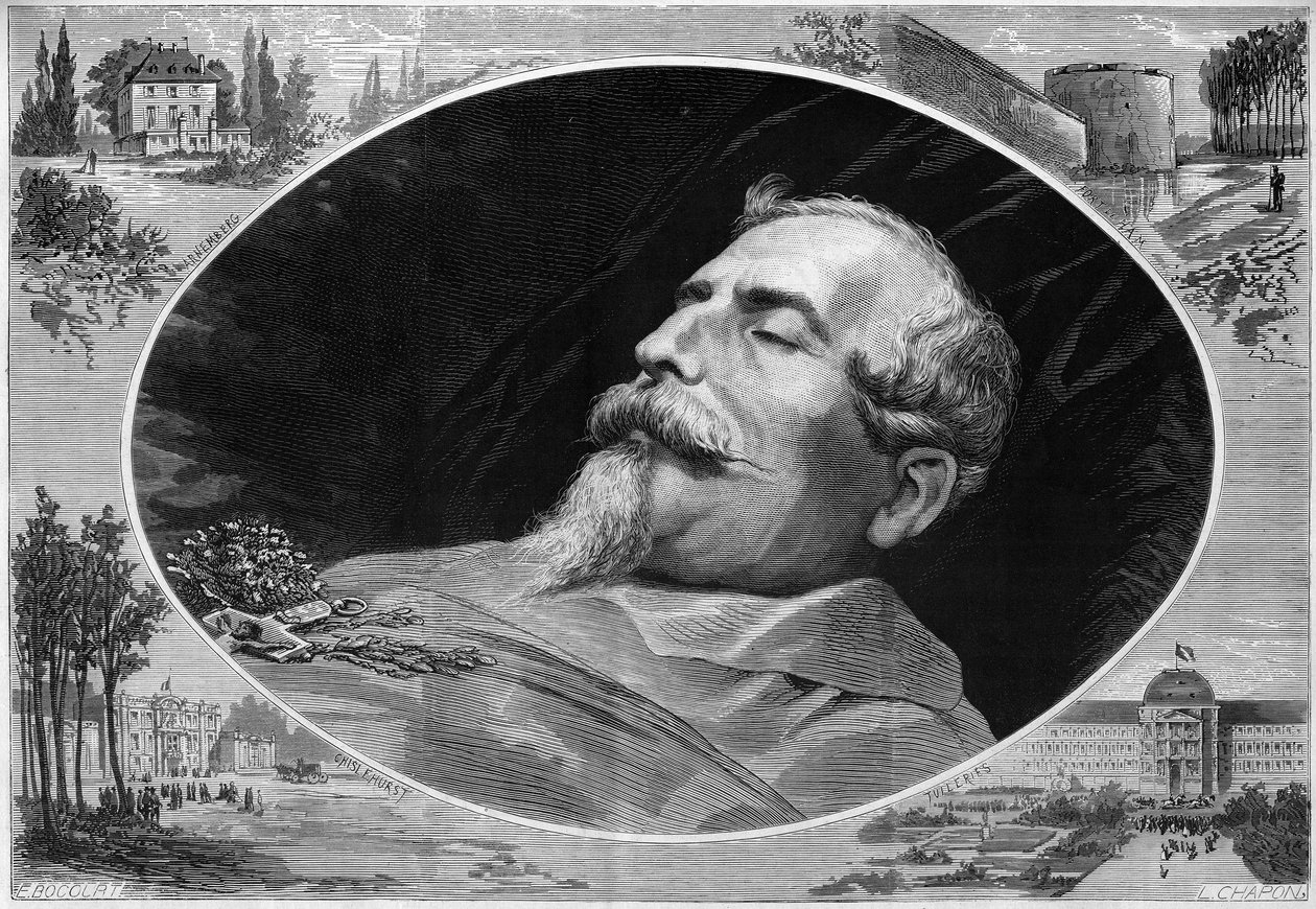 Porträtt av Napoleon III (1808-1873), på sin dödsbädd. Gravyr i "" Le Monde Illustré"" nr 824 den 25 januari av French School