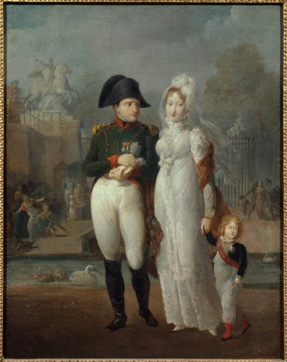 Porträtt av Napoleon I (1769-1821) och Mary Louise med deras son, kung av Rom Napoleon II, hertig av Reichstadt i Tuilerierna Anonym målning. 1800-talets privatsamling - Porträtt av Napoleon I (1769-1821) och Marie Louise med sina så av French School
