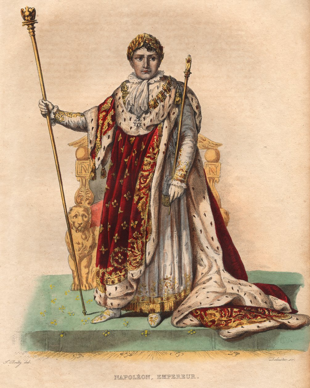 Porträtt av Napoleon I (Napoleon Bonaparte) (1769-1821), fransmännens kejsare, i kejserliga dräkter. av French School