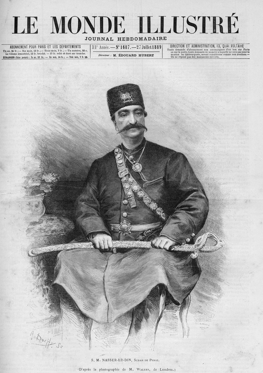 Porträtt av Nasser Ed Din (1831-1896), Shah av Persien (Iran). Kallas även Nasseredin Shah, Nasserer-al-Din Shah Qajar, Nasser al-Din Shah Qajar, Nasiruddin Shah. En av tidningarna "Le Monde Illustré"" No. 1687 den 27 juli av French School