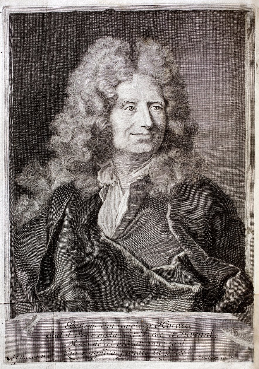 Porträtt av Nicolas Boileau, även känd som Boileau Despreaux (Boileau-Despreaux) (1636-1711) poet, författare. Gravyr för att illustrera M. Boileau Despreaux verk, med historiska belysningar, Volym 1, upplaga Fabre et Barillot av French School