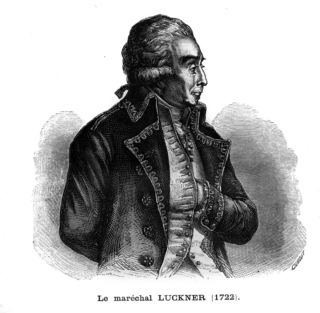 Porträtt av Nicolas Luckner (1722-1794), fransk militär av tyskt ursprung. Gravyr i "Les Illustrations De L