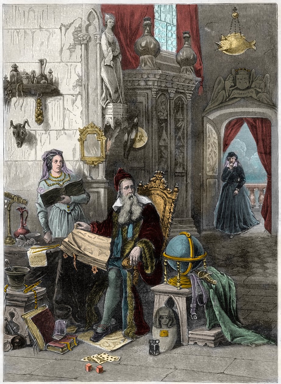 Porträtt av Nostradamus, Michel de Notre Dame (1503-1566) fransk astrolog och läkare med Catherine de Medicis (Caterina de Medici) (1519 - 1589) - 1800-talet (gravyr) av French School