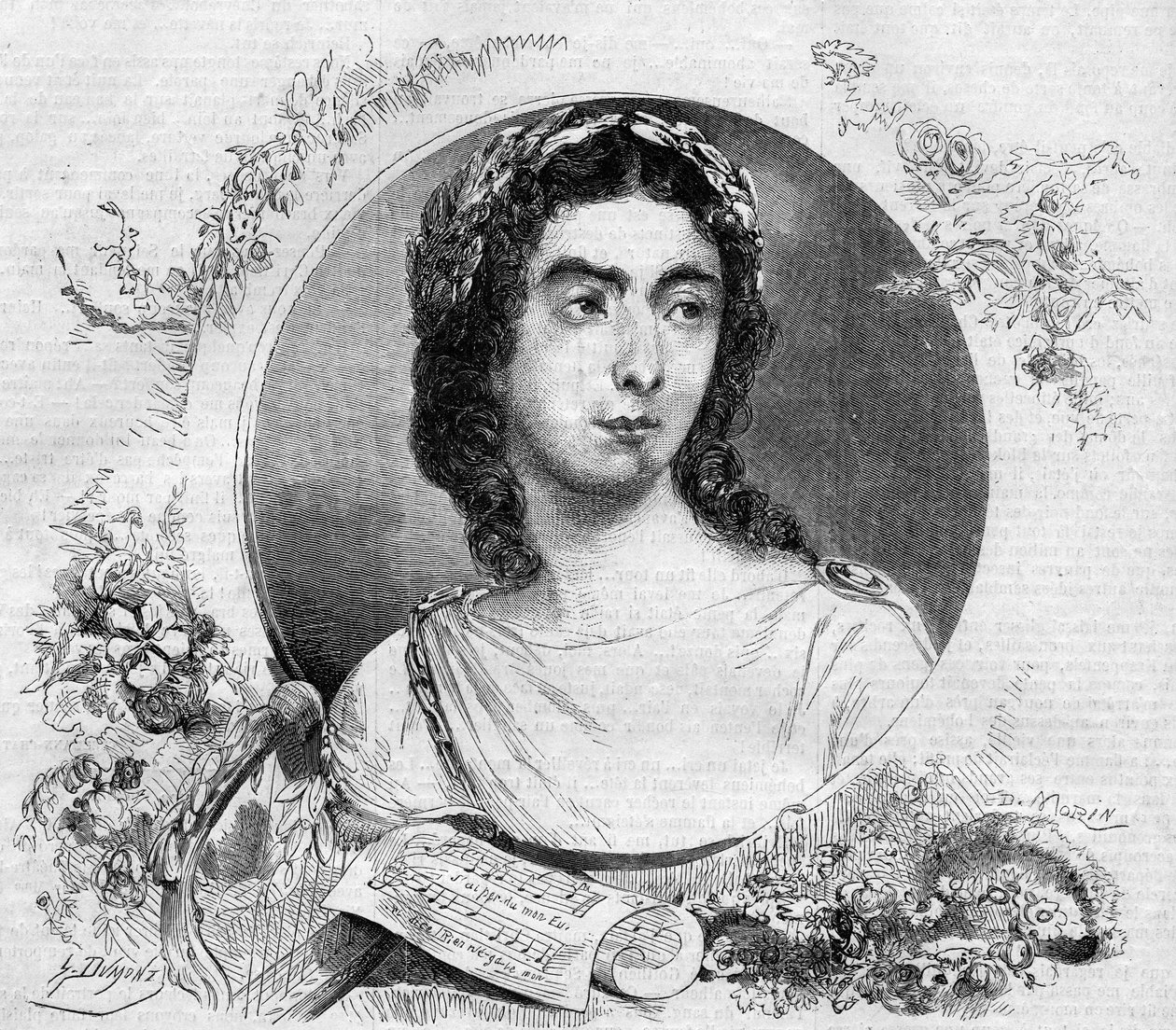 Porträtt av Pauline Viardot (1821-1910), fransk sångerska, i operan ""Orphee"" av den tyske kompositören Cristoph Willibald von Gluck (1714-1787). Gravyr i "" Le Monde Illustré"" nr 137 den 26 november av French School