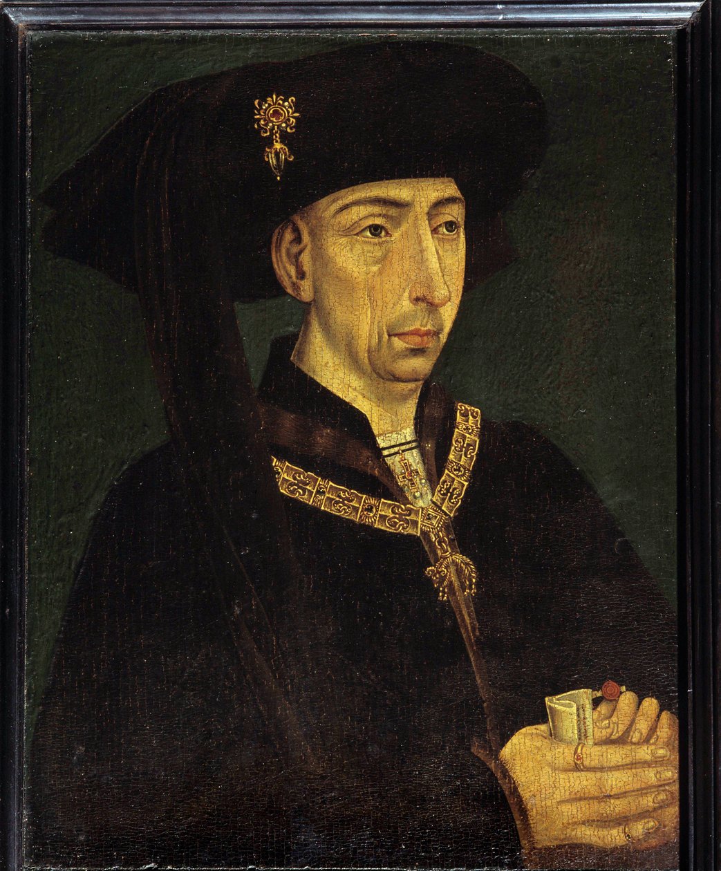 Porträtt av Filip III av Bourgogne kallad Filip den gode (1396-1467) hertig av Bourgogne, grundare av den gyllene fleece-målningen av den franska skolan av French School