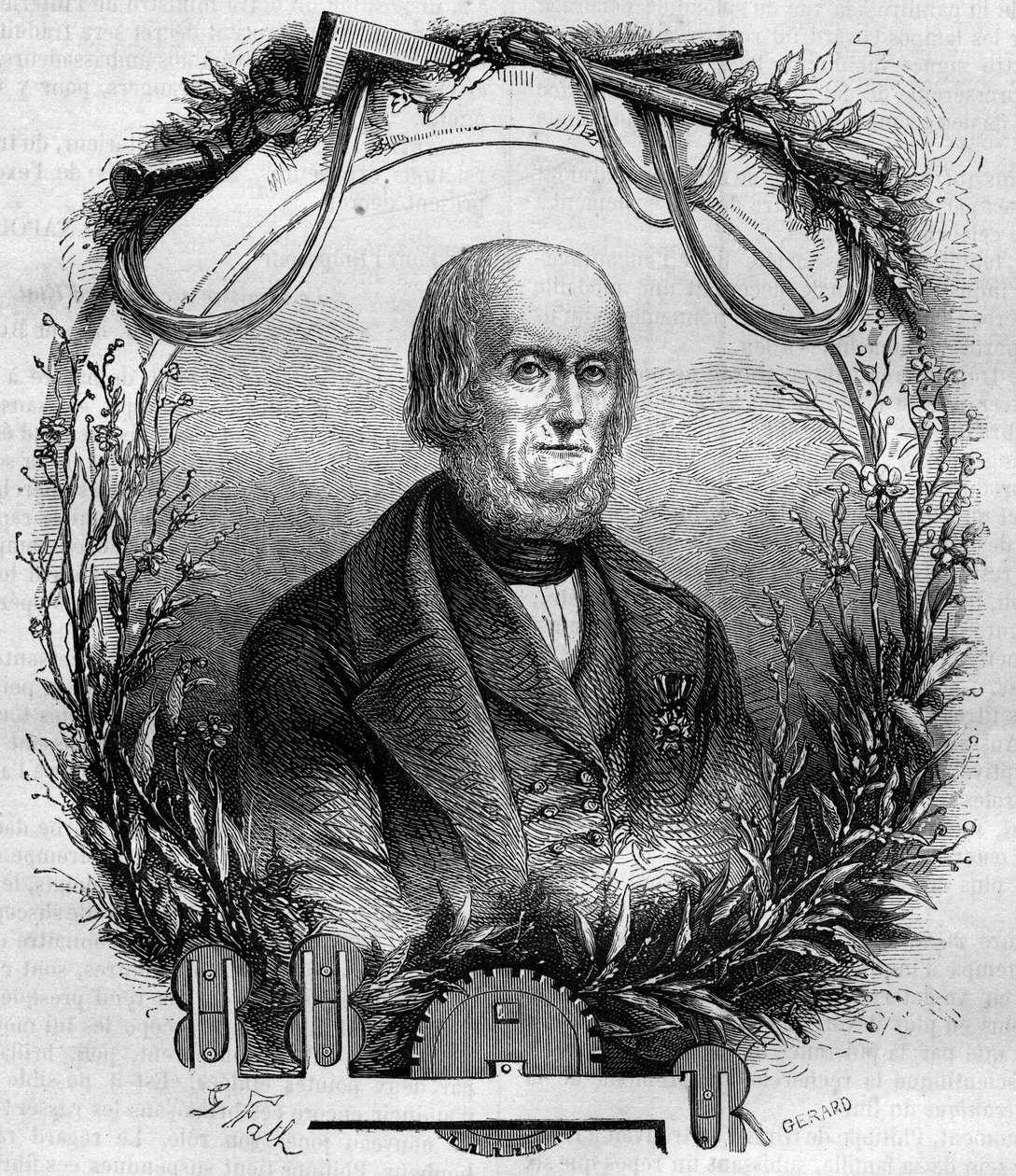 Porträtt av Philippe de Girard (1775-1845), fransk uppfinnare och industriman, skapare av linnespinnmaskinen. Gravyr från 1866-1867. av French School