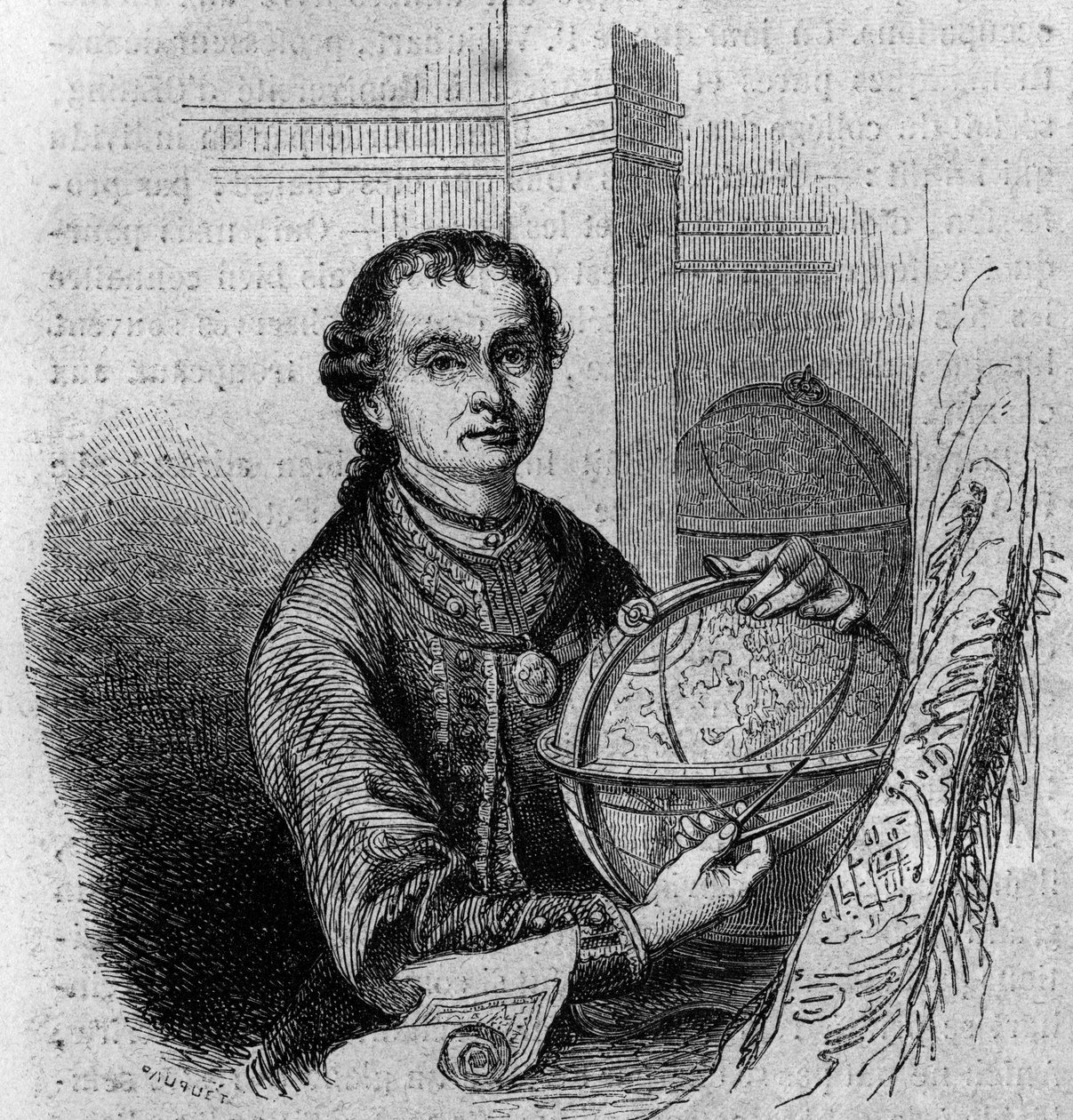 Porträtt av Pierre (Peter) Anich (1723-1766), tyrolsk astronom och kartograf, med en jordglob och en kompas. Gravyr i "" Le Magasin pittoreska"" av French School