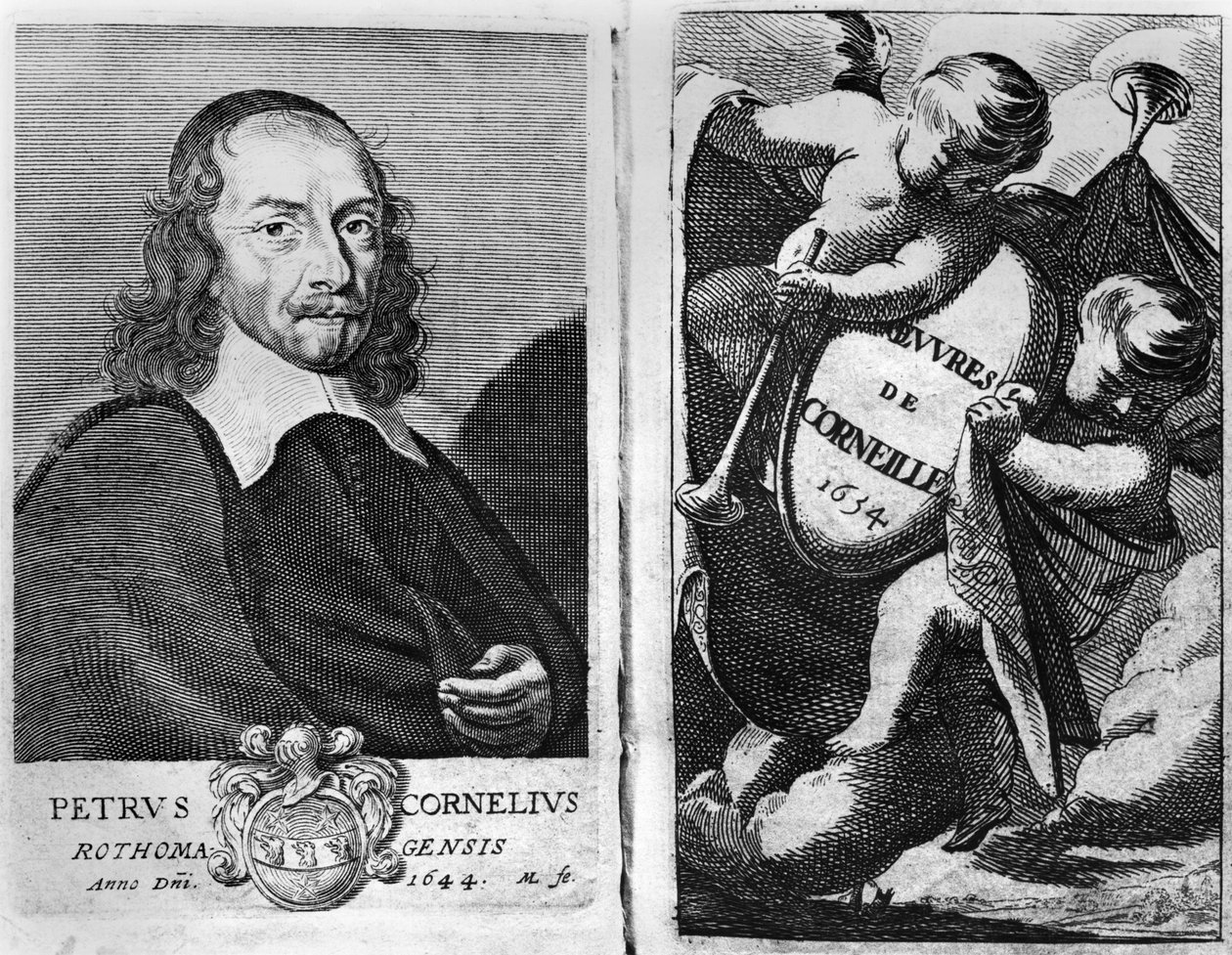 Porträtt av Pierre Corneille (1606-84) 1644, frontispice för en upplaga av Oeuvres de Corneille, publicerad 1634 av French School