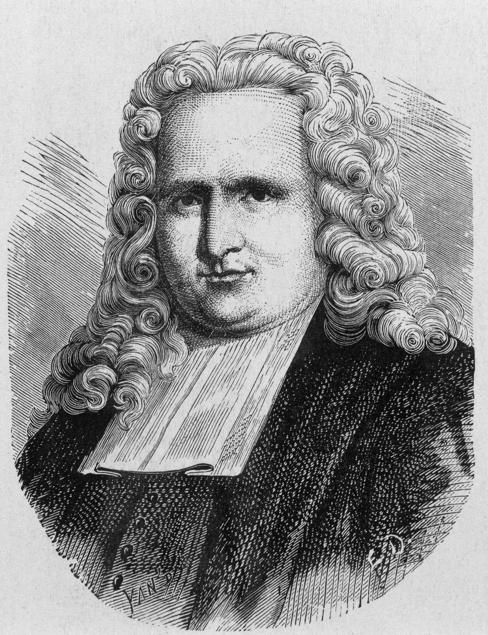 Porträtt av Pieter (Petrus, Pierre) van Musschenbroek (1692 - 1761), holländsk fysiker, uppfinnare 1745 av den första elektriska kondensatorn (flaska Leiden) - i "" Vetenskapens album; berömda vetenskapsmän; Stora upptäckter””” 1896. av French School