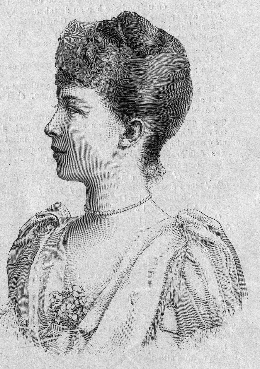 Porträtt av prinsessan Marguerite av Orleans (1869-1940). Gravyr i "The Sunday Gazette" den 5 mars av French School