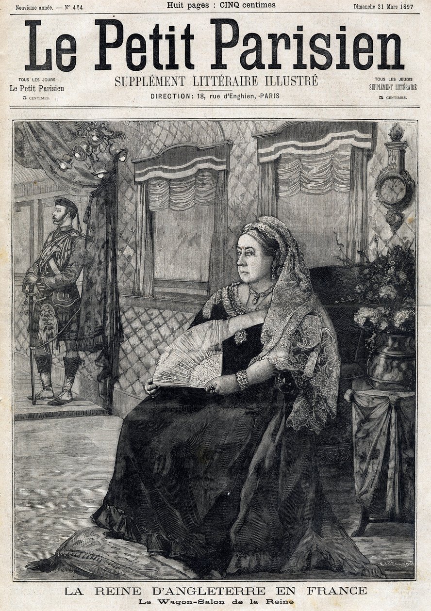 Porträtt av drottning Victoria av England (1819-1901), som reser genom Frankrike i sin vagnsalong. Den franska tidningen Le petit Parisiens förstasida. 21 mars av French School