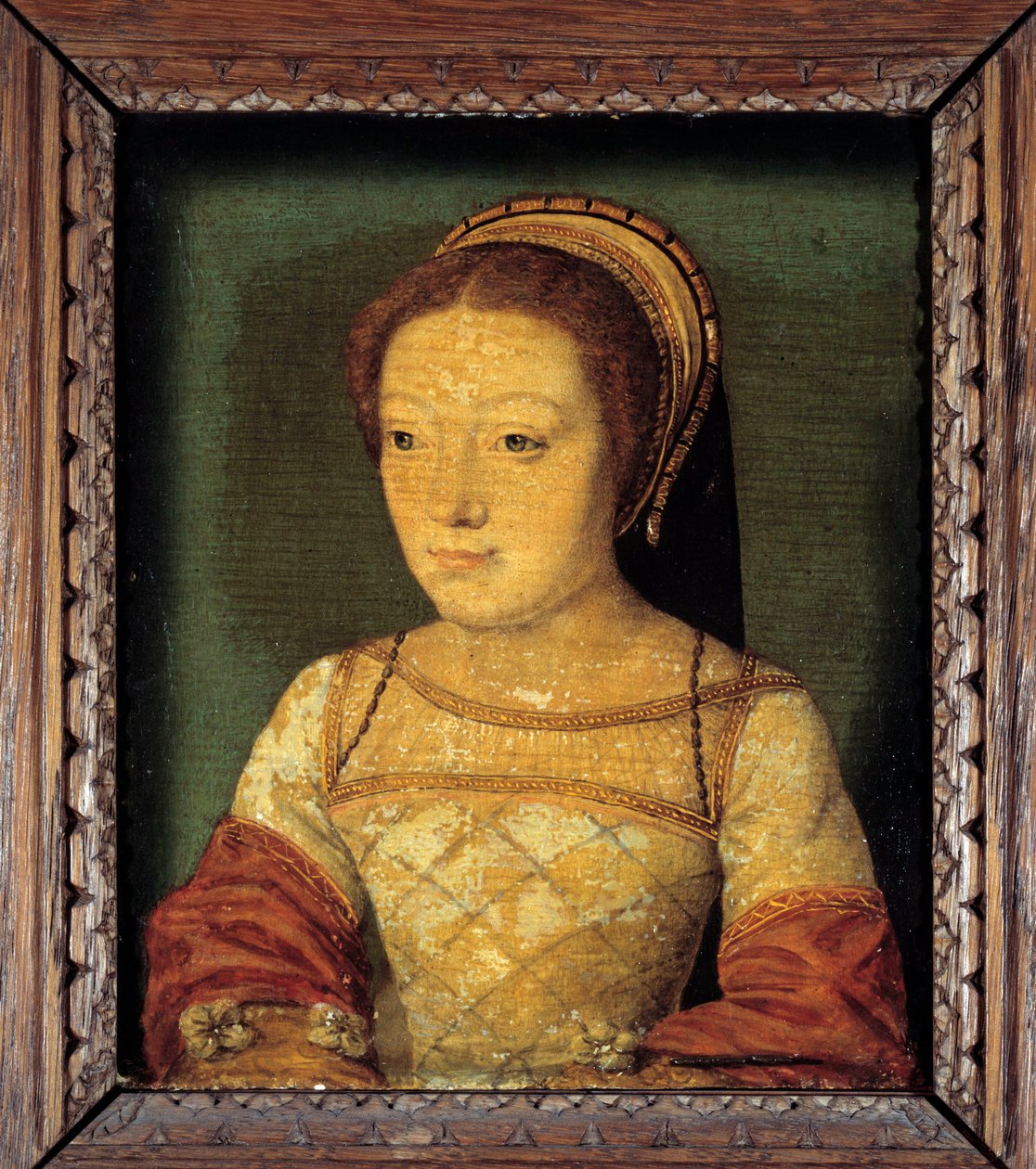 Porträtt av Renee av Frankrike, dotter till Ludvig XII, hertiginna av Ferrara (1510 - 1575). Olja på trä, 0,16 x 0,13 m. anonym målning. Franska skolan på 1500-talet. av French School