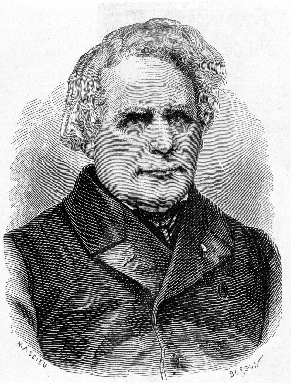 Porträtt av Ruhmkorff Heinrich Daniel (1803 - 1877), byggare av fysikinstrument (induktionsapparaten), tysk mekaniker och elektriker - i "" Vetenskapens album; berömda vetenskapsmän; Stora upptäckter””” 1896. av French School