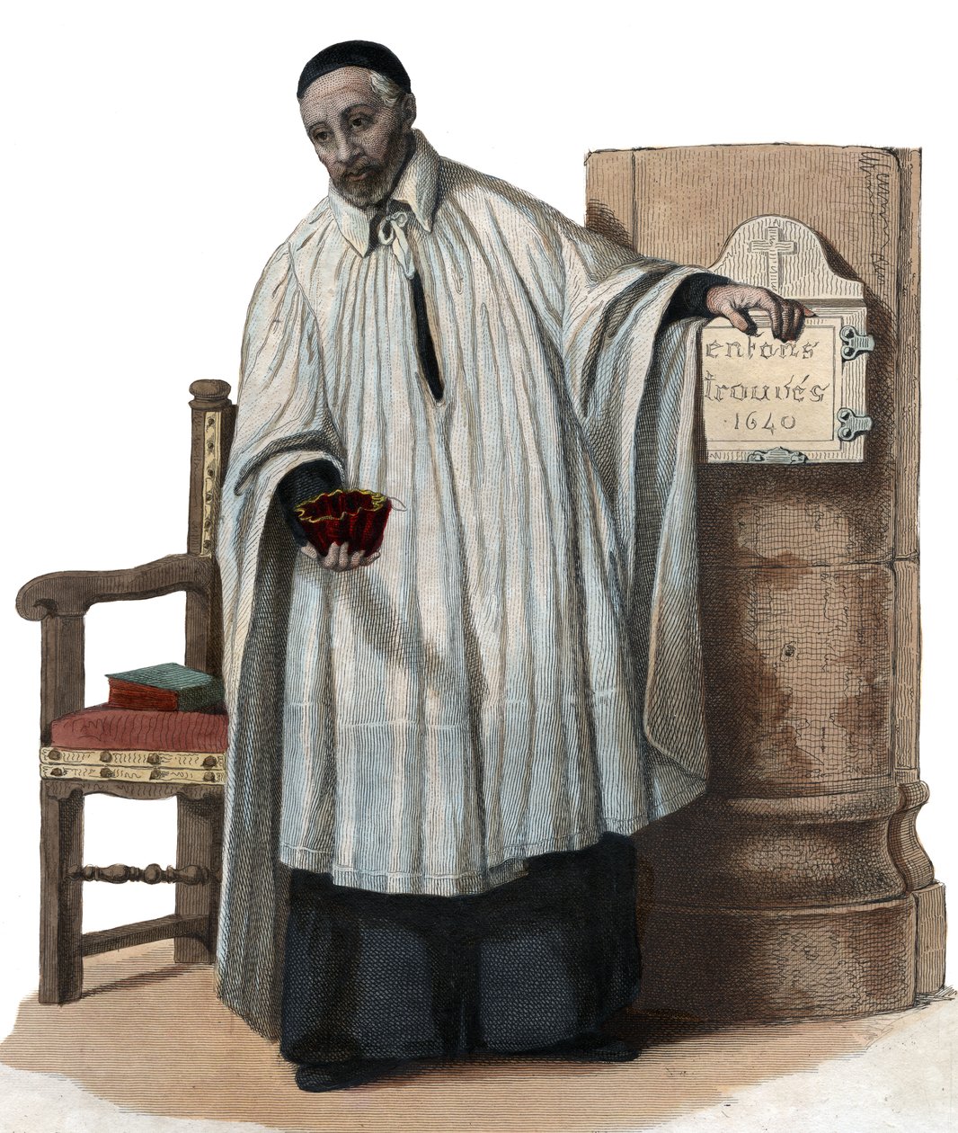 Porträtt av Saint (St.) Vincent de Paul (1581-1660), präst i den katolska kyrkan. av French School