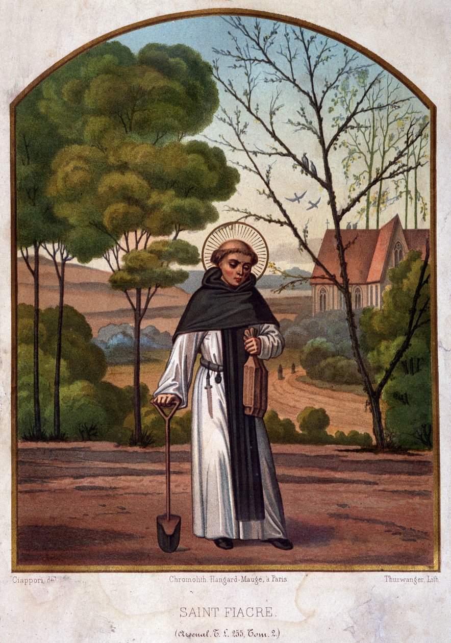 Porträtt av Saint Fiacre (eremitage nära Meaux), beskyddare av trädgårdsmästare arbete 19th century. av French School