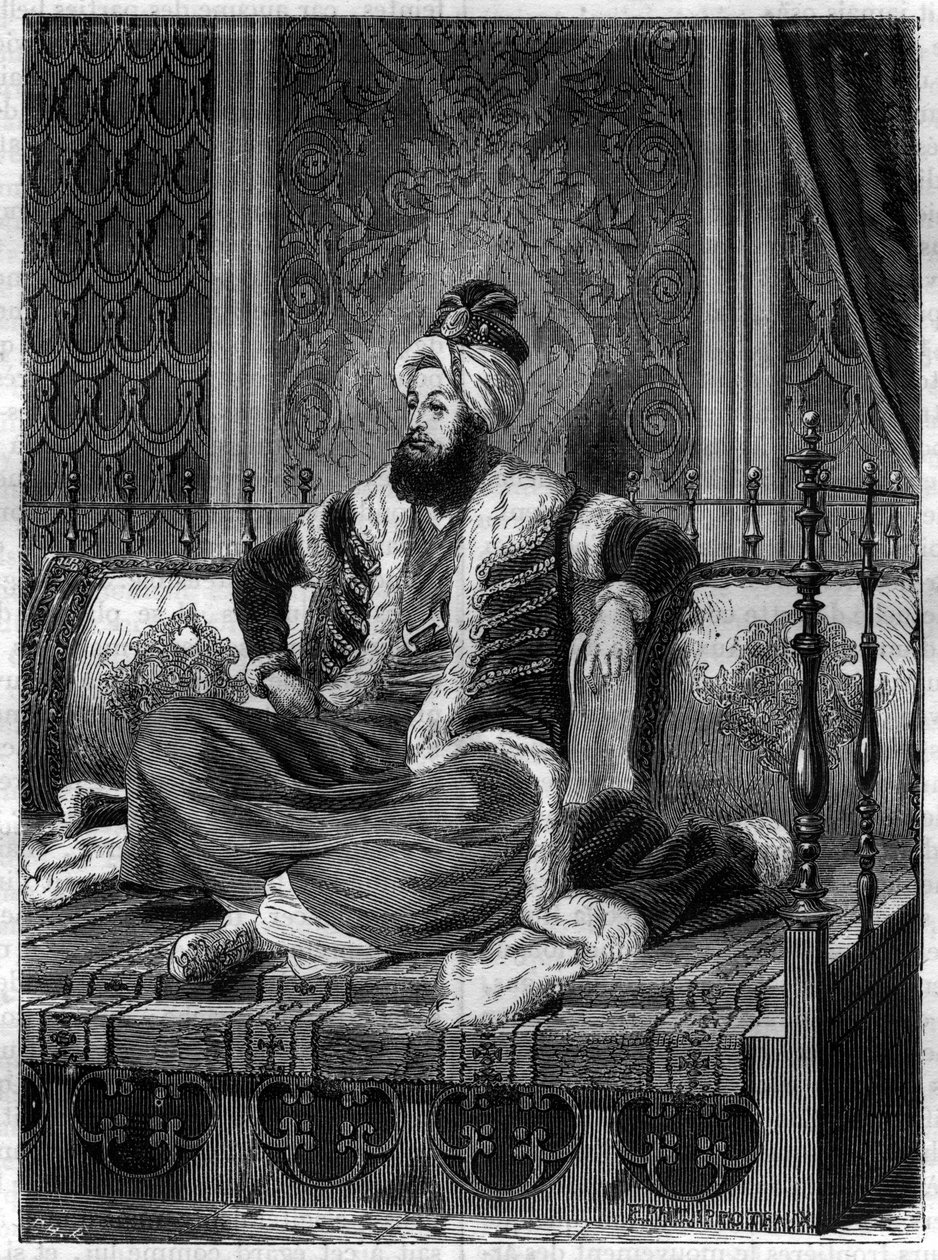 Porträtt av Selim III (1761-1808), ottomansk kejsare. Selim III var sultan från 1789-1807 - Le sultan Selim III (1761-1808) - i "History of the empire following the history of the consulat" av Adolphe Thiers -1879 - privat samling av French School