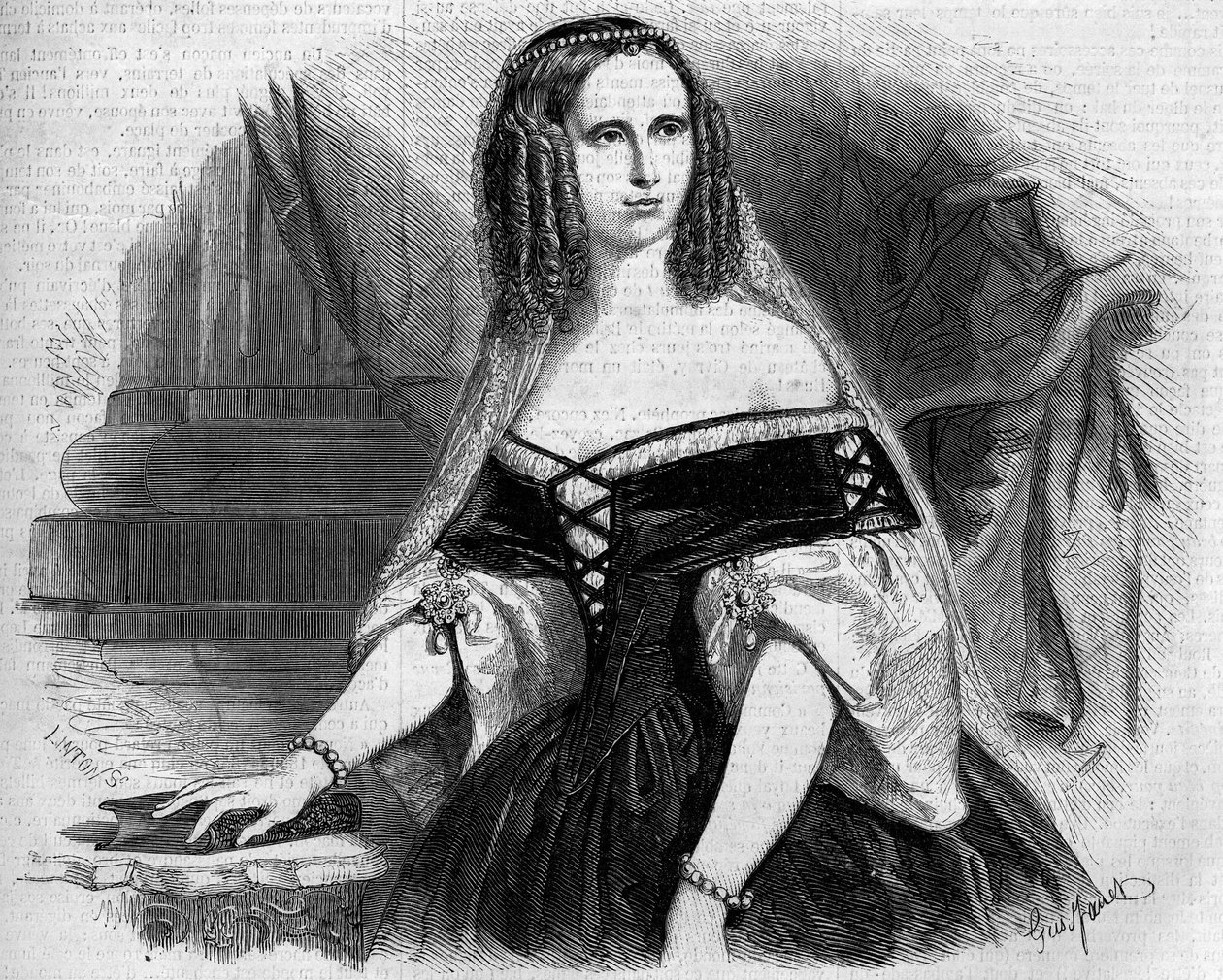 Porträtt av Sophie av Württemberg (1818-1879), drottning av Holland. Gravyr i "" Le Monde Illustré"" nr 53 av 17 april 1858. av French School