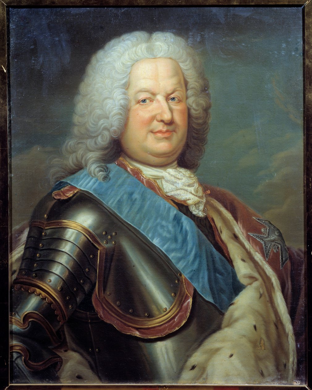 Porträtt av Stanislas Lesczinski (1677-1716) kung av Polen, hertig av Lorraine och barmålning av den franska skolan. 1700-talet. Sol 0,76x0,6 m av French School