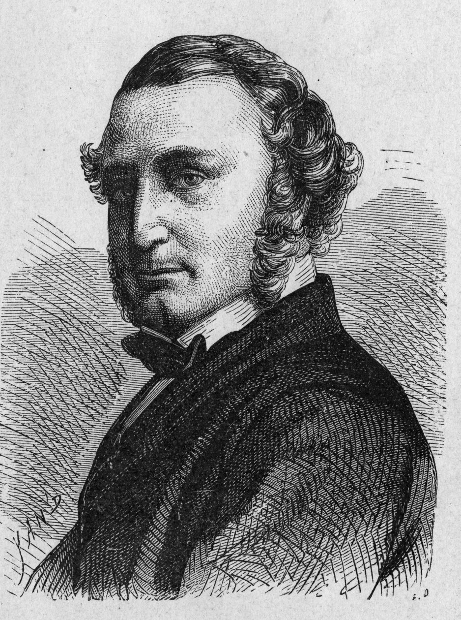 Porträtt av Thomas Russell Crampton (1816 - 1888), brittisk ingenjör: han designade ett höghastighetslokomotiv, byggde Berlins hydrauliska nätverk och deltog i etableringen av undervattenskabeln mellan Calais och Douvres- i "Album of Science; illu av French School