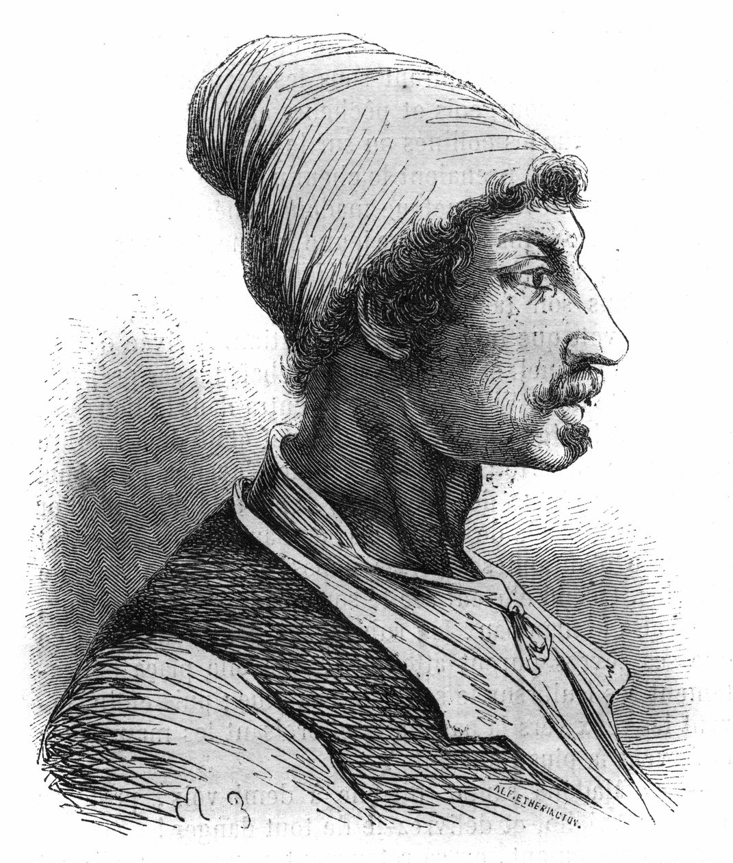 Porträtt av Tommaso Aniello, känd som Masaniello (1622-1647), en napolitansk fiskare, han tog chefen för revolten mot spanjorerna i Neapel 1647. Gravyr från 1852. av French School