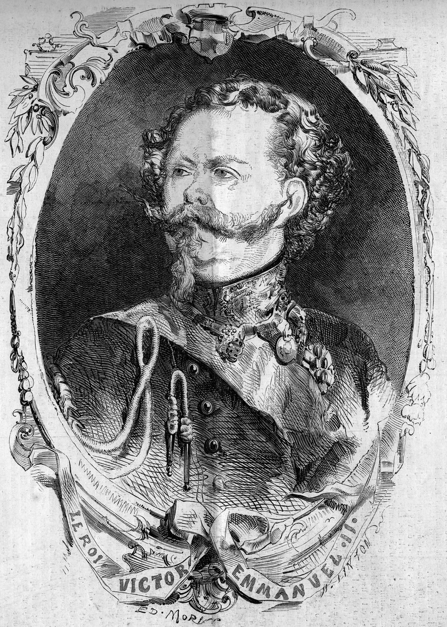 Porträtt av Victor Emmanuel II (Vittorio Emanuele) (Victor-Emmanuel) (1820-1878), kung av Sardinien och framtida kung av Italien. Gravyr i "" Le Monde Illustré"" nr 95 av 5 februari 1859. av French School