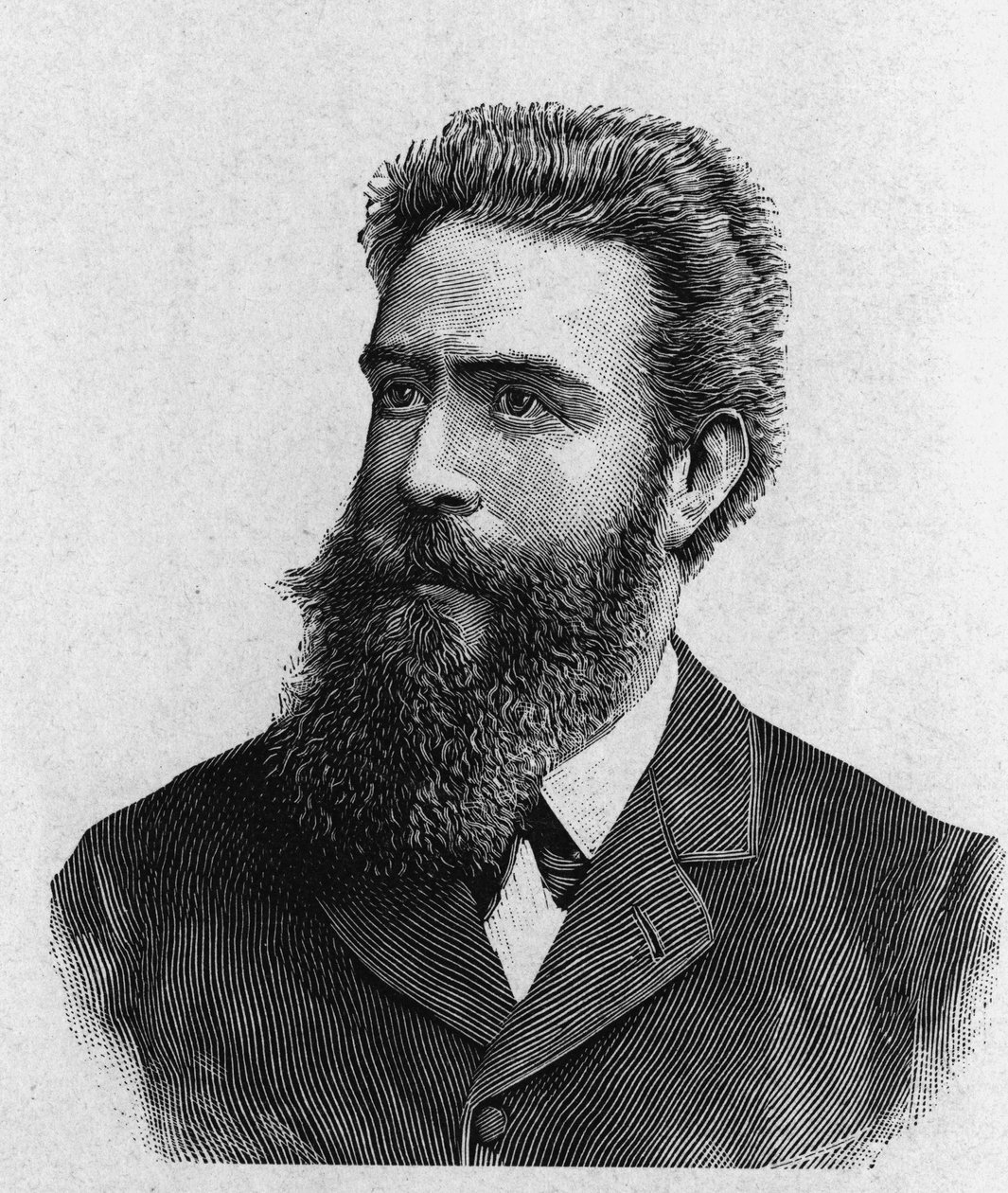 Porträtt av Wilhelm Conrad Rontgen (Roentgen) (1845 - 1923) - i "" Album of Science; berömda vetenskapsmän; Stora upptäckter””” 1896. av French School