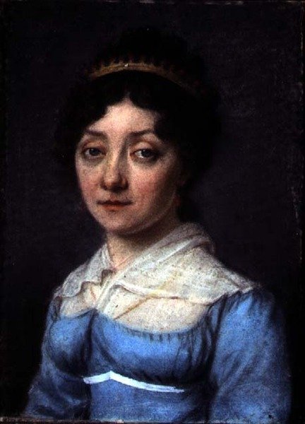 Porträtt av en borgerlig kvinna i en blå empireklänning, ca 1815 (pastell på papper) av French School