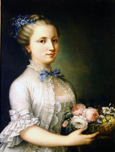 Porträtt av en dam med blommor (olja på duk) av French School