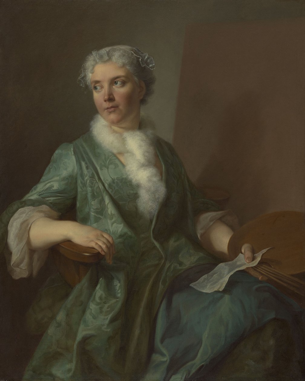 Porträtt av en kvinnlig konstnär, ca 1735 (olja på duk) av French School