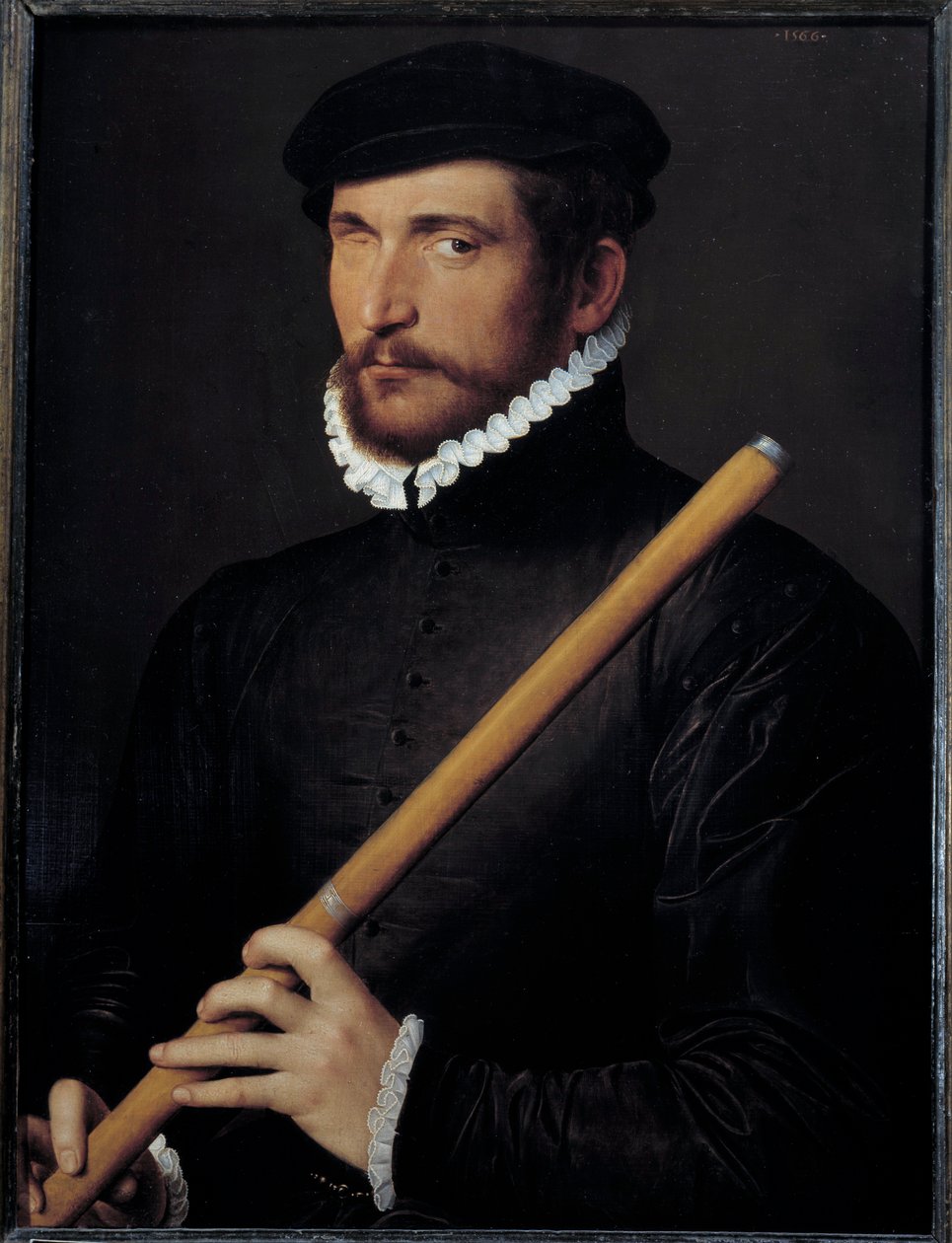 Porträtt av en blind flöjtist Målning av Ecole francaise. 1566 Sön. 0,62x0,5 m - Porträtt av en enögd flöjtist. Franskt skolmåleri. 1566. 0,62 x 0,5 m. Louvren, Paris av French School