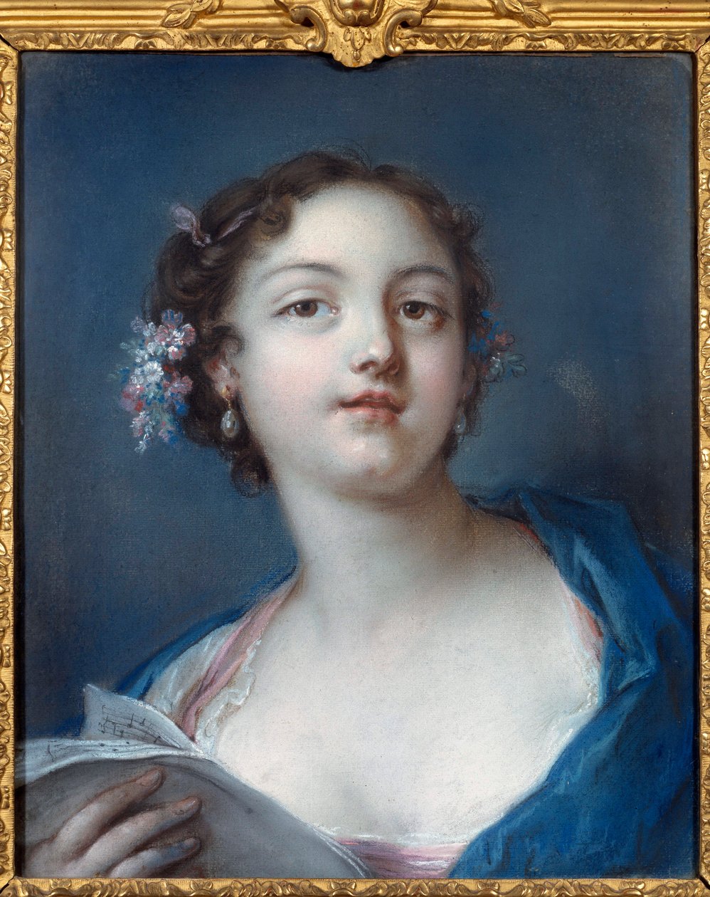 Porträtt av en flicka som läser ett partitur Anonym målning. Chantilly från 1700-talet, museum Conde av French School