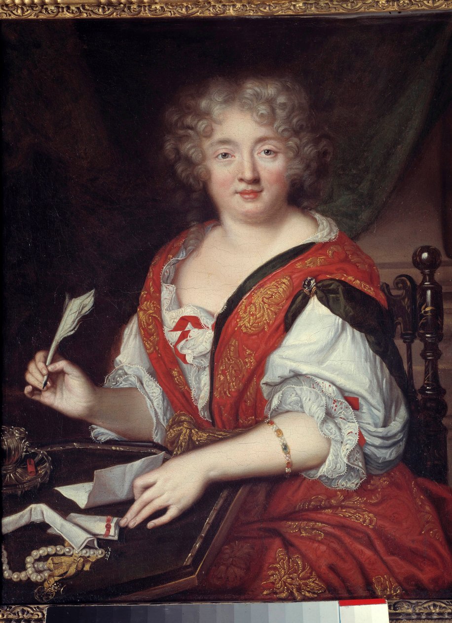 Porträtt av en kvinna som skrev tidigare identifierad som Madame de Sevigne (1626-1696) Det skulle vara Marie de Rabutin-Chantal (Rabutin Chantal), Marquise de Sevigne dit Madame de Sevigne (1626-1696), bokstävernas kvinna. Hon bär ett armband på halv armh av French School