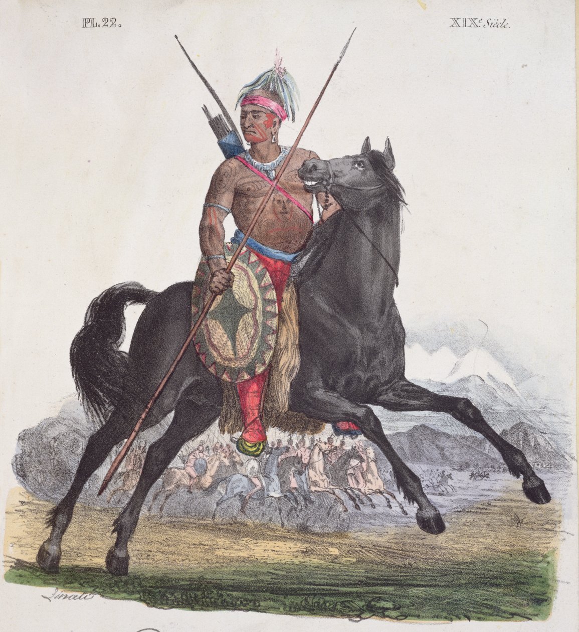 Porträtt av en Apache-hövding från Rio Colorado-regionen i Kalifornien, skylt 22 från en serie kostymer mexikaner, ca 1825 av French School