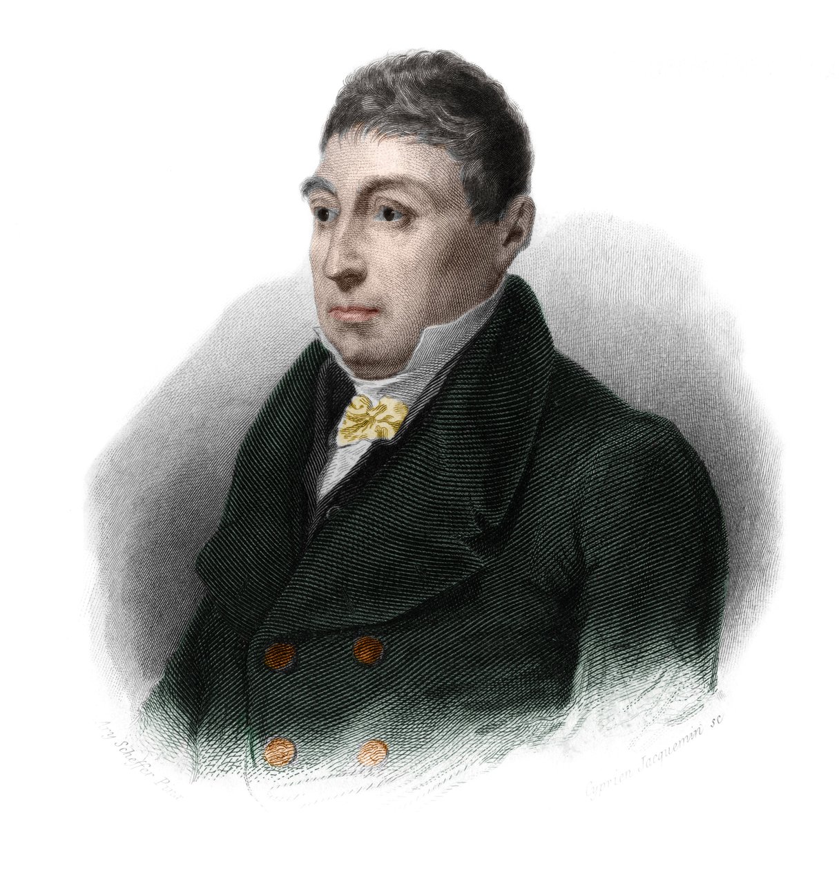 Porträtt av general La Fayette (Marie Gilbert Mottier, Marquis de Lafayette) (1757-1834), fransk aristokrat, militärofficer och politiker. i "" LIBRE DES SPORERS"" av Louis de Cormenin Timon. 1842. Privat samling. av French School