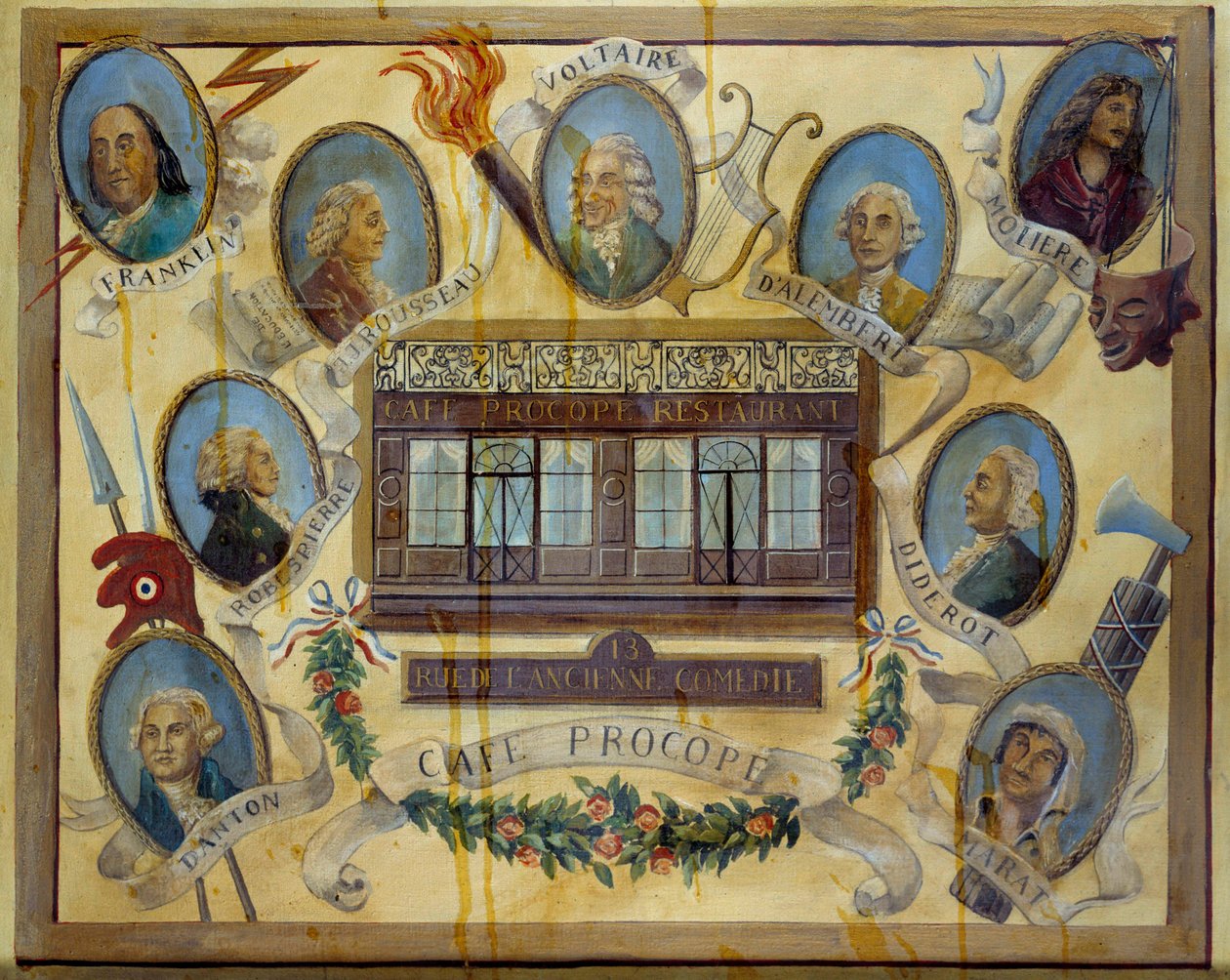 Porträtt av historiska personer och utsikt över det parisiska caféet Le Procope: Benjamin Franklin, Jean Jacques Rousseau, Voltaire, Jean D