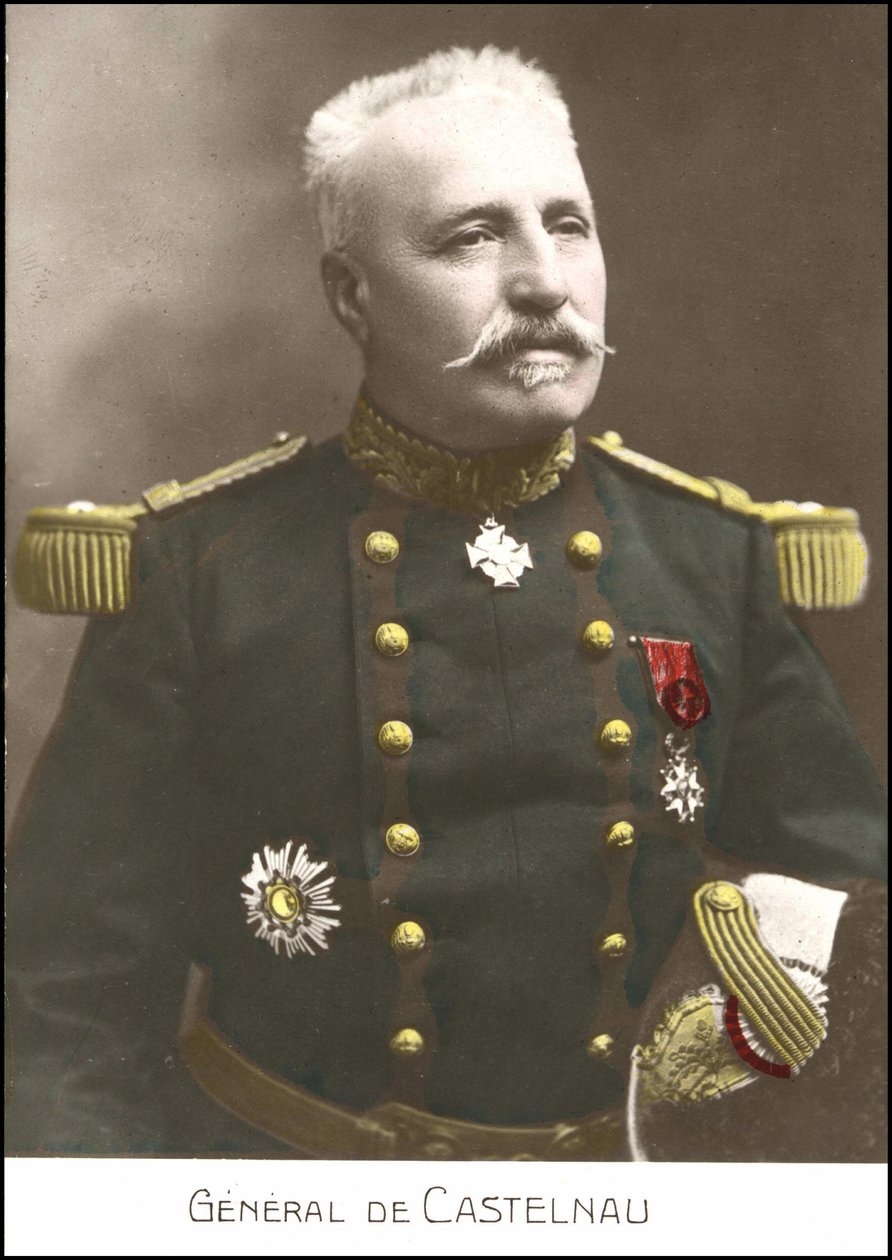 Porträtt av den franske generalen Noel Edouard de Curieres de Castelnau (1851-1944). 1900-talet sd vykort. av French School