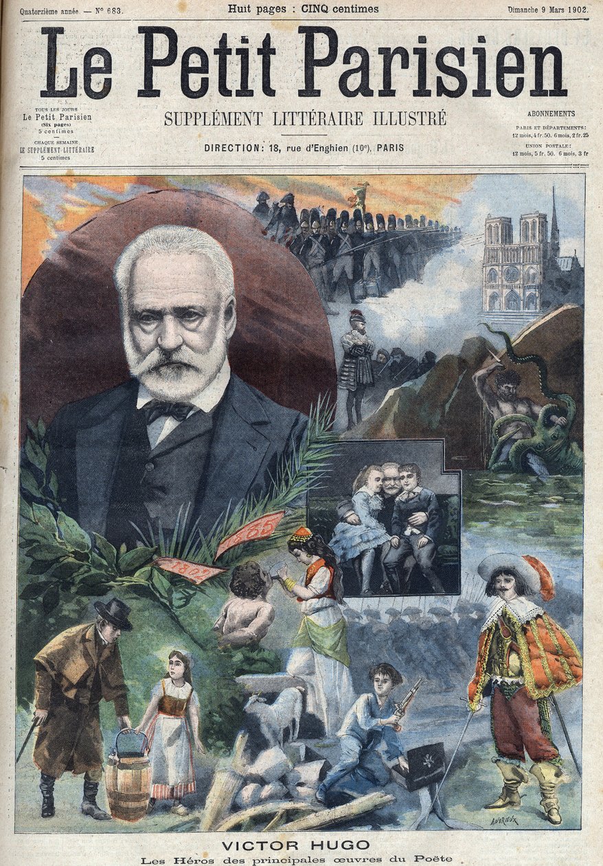 Porträtt av den franske författaren Victor Hugo (1802-1885) med illustrationer av hans huvudverk. Gravyr i "Le petit Parisien"” av French School