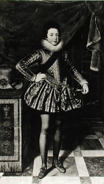 Porträtt av spädbarnet Ludvig XIII (1601-43) kung av Frankrike och Navarra, ca 1611 (olja på duk) (s/v foto) av French School