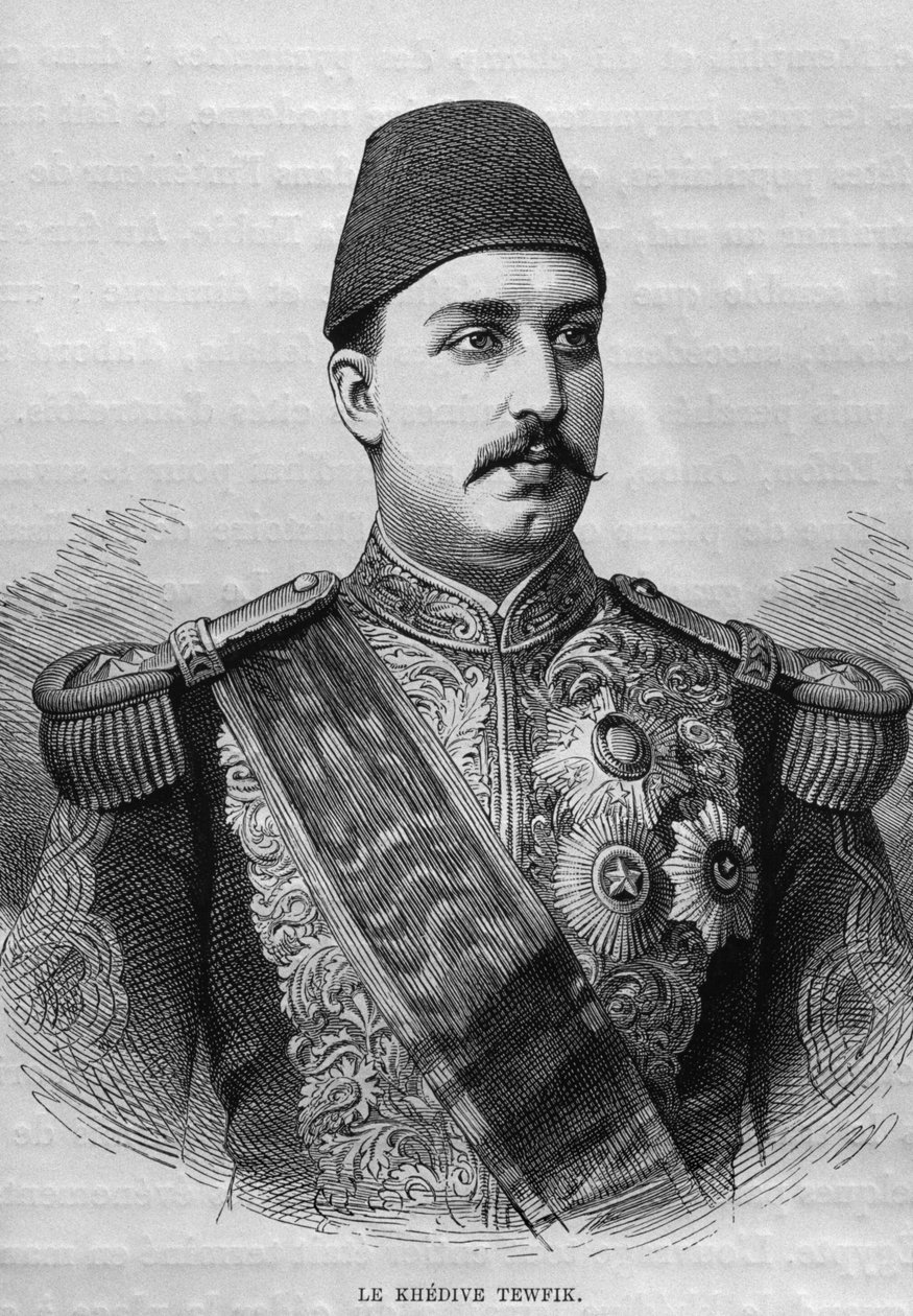 Porträtt av Khedive Tawfig (1819-92), från LEgypte av Georg Moritz Ebers (1837-98), 1881 (bw gravyr) av French School