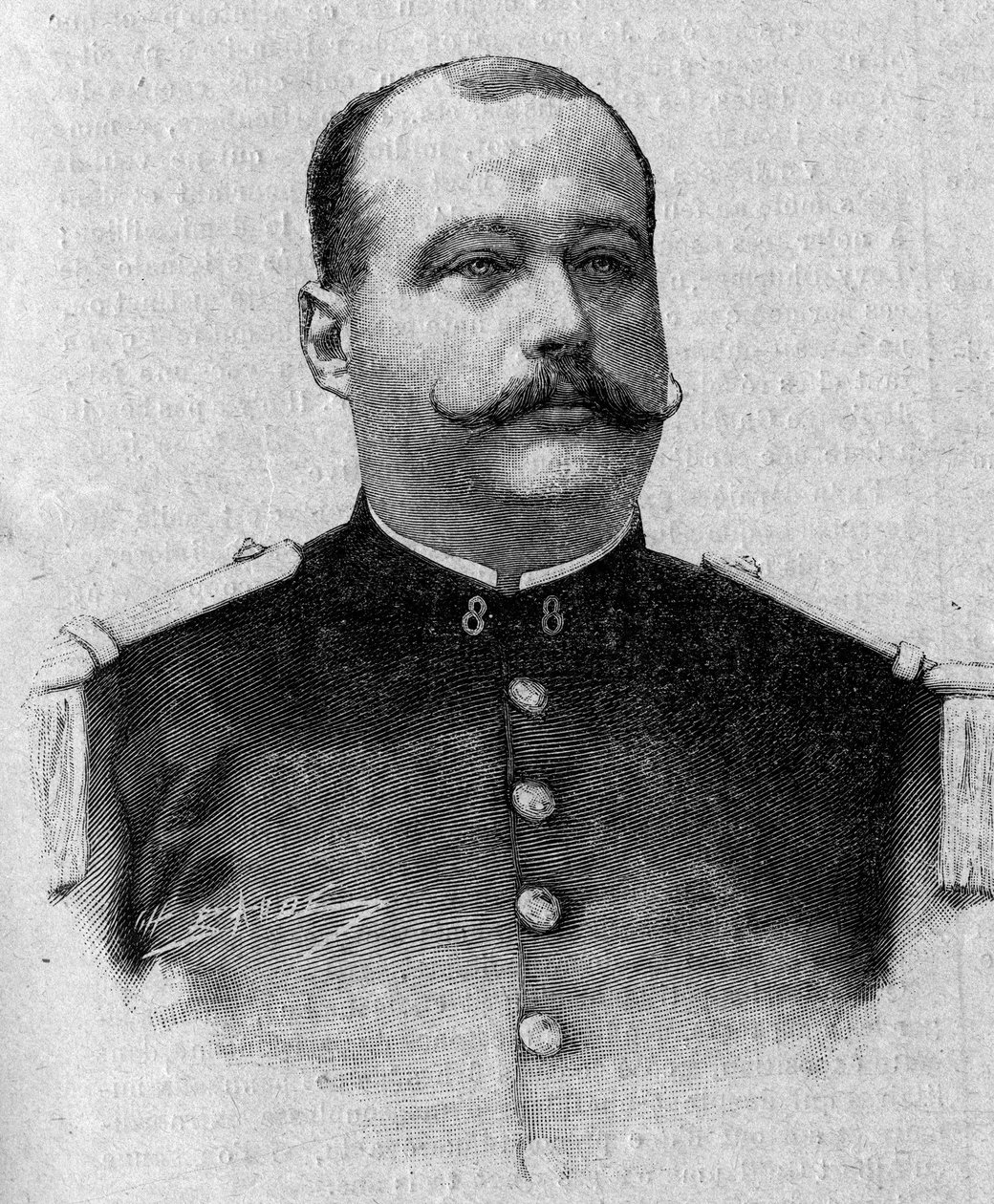 Porträtt av markisen Patrice de Mac Mahon (Mac-Mahon) (1855-1927). Gravyr i "The Sunday Gazette" den 5 mars av French School